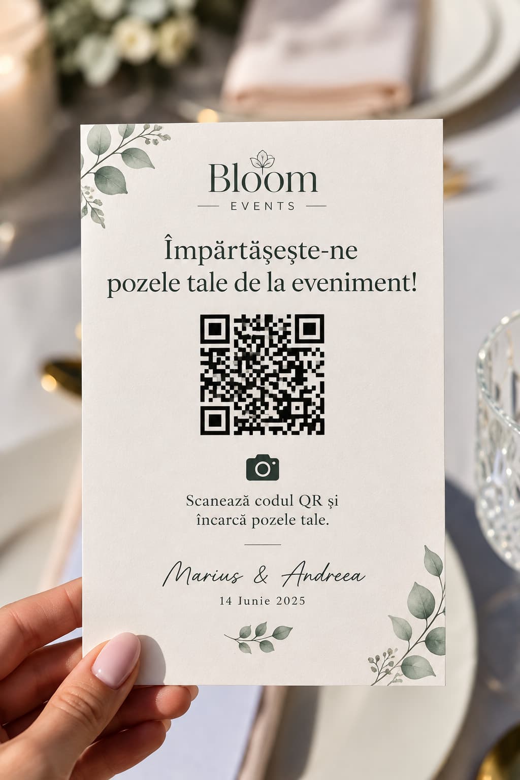Print pe hartie Bloom Events cu cod QR pentru poze de la invitati, tinut in mana la o masa de nunta